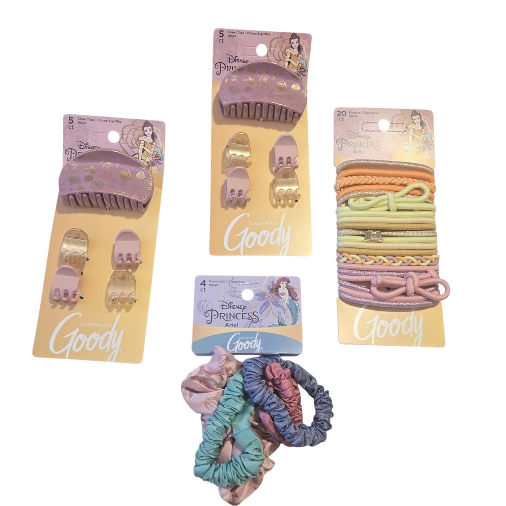 Disney Princess Goody Hair Accessories Lot Belle Ariel Clips Scrunchies Elastics